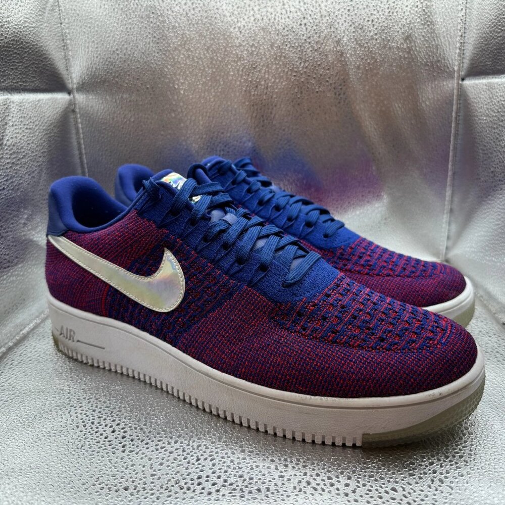 Size 12.5 Nike Air Force 1 Low Ultra Fly Knit Mens Red Blue Sneakers 826577-601‎
